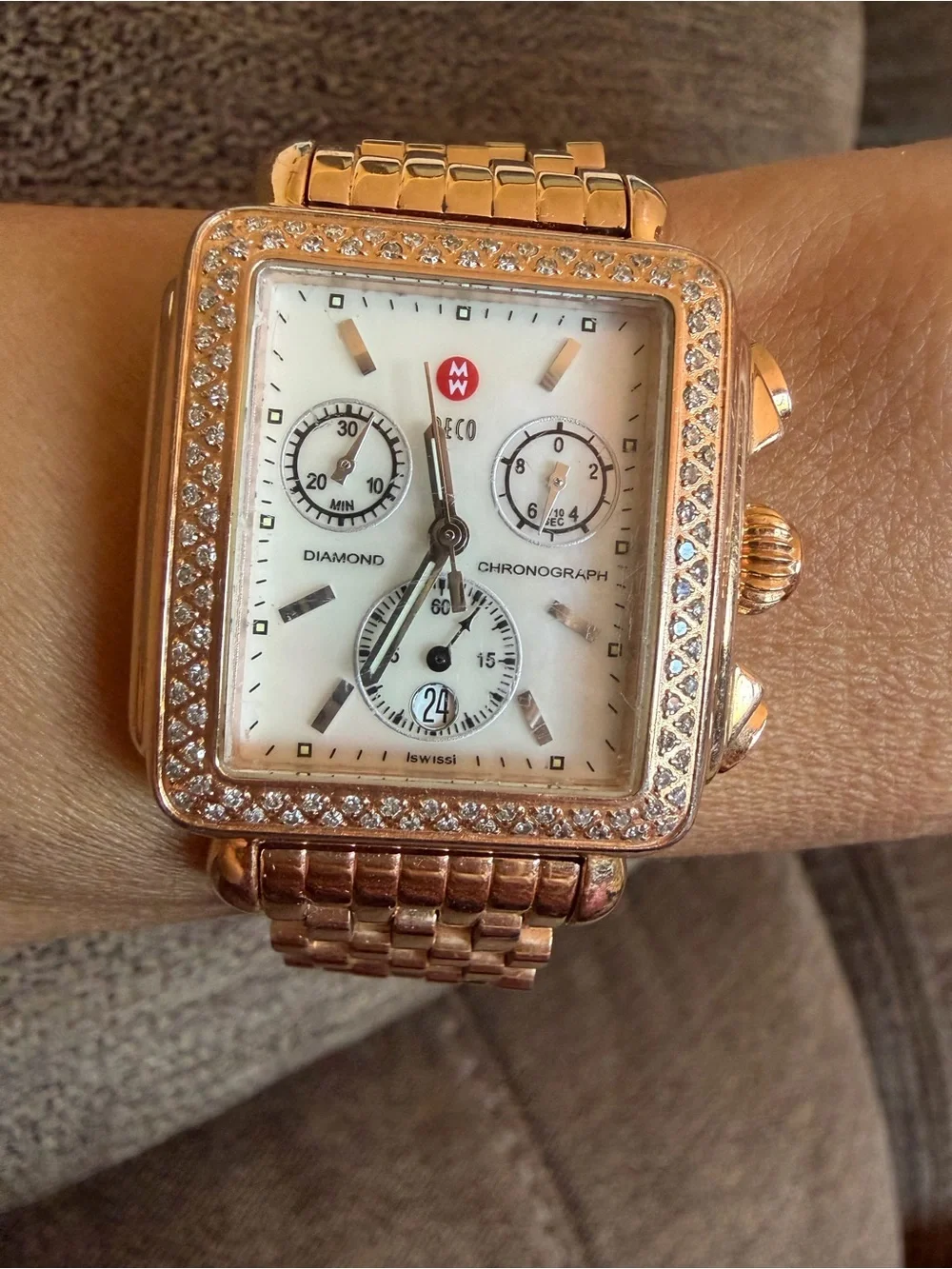 MICHELE Deco Diamond Chronograph Rose Gold-Tone Watch 6.25” band